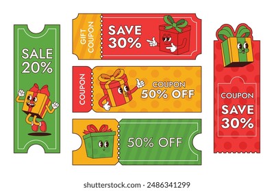 Gift voucher template. Discount tickets with happy cartoon gift box groovy mascot, birthday coupon with promotional offers. Holiday sales flyer vector set. Shopping celebration promo certificate.