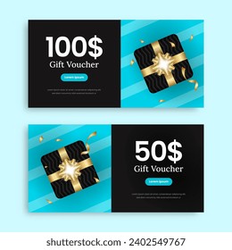 Gift Voucher template with elegant ribbon and gift box. Elegant gift coupon card