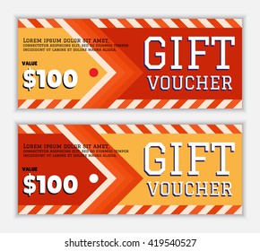 Gift voucher template with elements of arrow and oblique band in flame red and yellow colors. Modern, colorful design. Vector