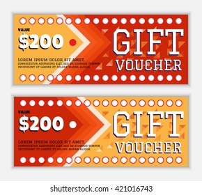 Gift voucher template with elements of arrow and triangular decor and band of circles in flame red and yellow colors. Modern, colorful design. Vector