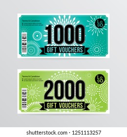 Gift voucher template with fireworks background . Vector illustration