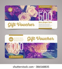 Gift voucher template with  floral background and glitter gold elements. Vector illustration, Design for  invitation, certificate, gift coupon, ticket, voucher, diploma etc.