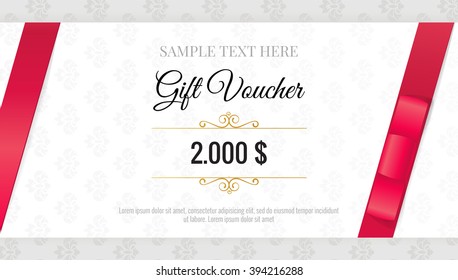 Gift Voucher template with floral pattern and red bow/ ribbons. Design usable for gift coupon, voucher, invitation, certificate, diploma, ticket etc. Vector illustration