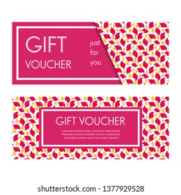 Gift voucher template. Front and back side with text information in red frame on red leaves pattern background. Isolated editable vector.