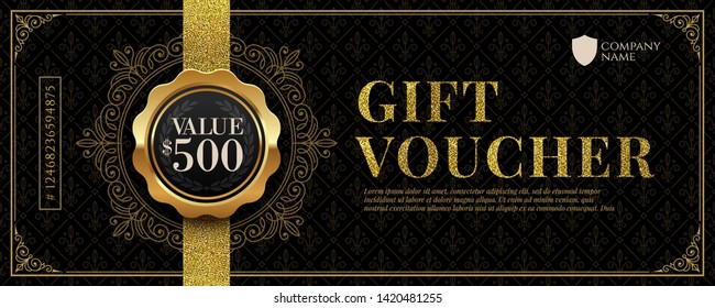Gift voucher template with glitter gold luxury elements. Vector illustration. Design for invitation, certificate, gift coupon, ticket, voucher, diploma etc.