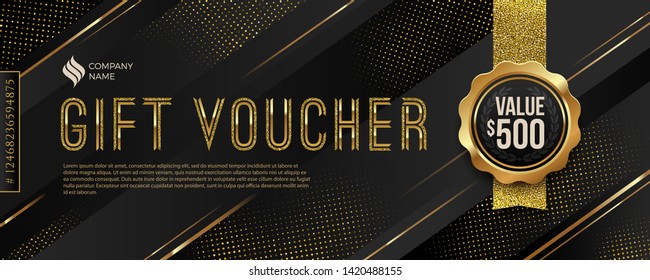 Gift voucher template with glitter gold elements. Vector illustration. Design for invitation, certificate, gift coupon, ticket, voucher, diploma etc.