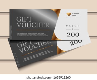 Gift voucher template with glitter gold luxury elements. Vector illustration. Design for invitation, certificate, gift coupon, ticket, voucher.