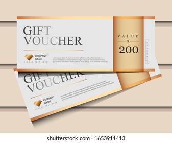 Gift voucher template with glitter gold luxury elements. Vector illustration. Design for invitation, certificate, gift coupon, ticket, voucher.