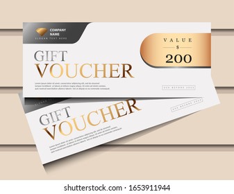 Plantilla de bono de regalo con brillantes elementos de lujo dorados. Ilustración vectorial. Diseño para invitación, certificado, cupón de regalo, billete, vale.