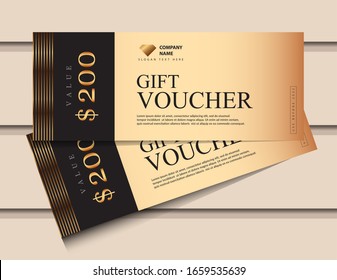 Gift voucher template with glitter gold luxury elements. Vector illustration. Design for invitation, certificate, gift coupon, ticket, voucher.