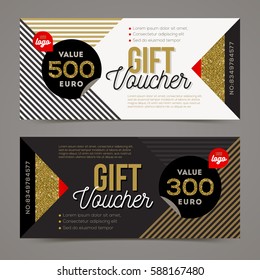 Gift voucher template with glitter gold elements. Vector illustration. Design for invitation, certificate, gift coupon, ticket, voucher, diploma etc.