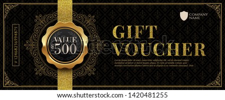 Gift voucher template with glitter gold luxury elements. Vector illustration. Design for invitation, certificate, gift coupon, ticket, voucher, diploma etc.