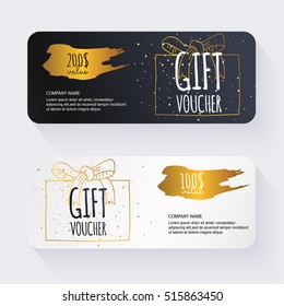 Gift voucher template with  gold background. Background design coupon, voucher, certificate, invitation, currency. Vector illustration.