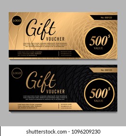 Gift voucher template with gold and black certificate. Background design coupon, invitation, currency. Set of stylish discount paper for gift card and coupon.