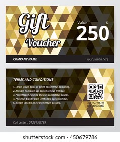 Gift voucher template with gold low polygon background, golden geometric black line, 2 side coupon offset printing, demo text box editable layout, company name and slogan tab strip in the bottom edge.
