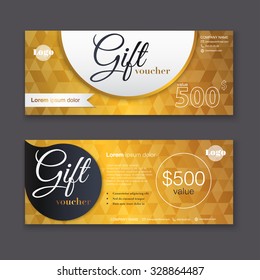 Gift voucher template with gold pattern, certificate. Background design coupon, invitation, currency. Vector illustration.