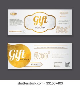 Gift voucher template with gold pattern, certificate. Background design coupon, invitation, currency. Vector illustration.