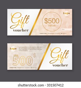 Gift voucher template with gold pattern, certificate. Background design coupon,  invitation, currency. Vector illustration.