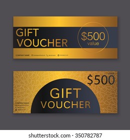 Gift voucher template with gold pattern, certificate. Background design coupon, invitation, currency. Vector illustration.