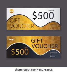 Gift voucher template with gold pattern, certificate. Background design coupon, invitation, currency. Vector illustration.