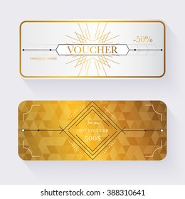 Gift voucher template with gold pattern, certificate. Background design coupon, invitation, currency. Vector illustration.