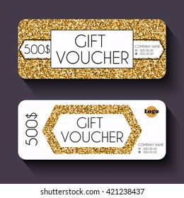 Gift voucher template with gold pattern, certificate. Background design coupon, invitation, currency. Vector illustration.