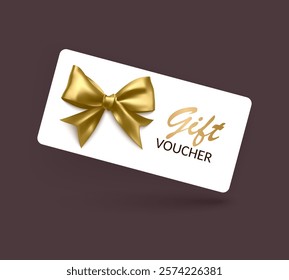 Gift voucher template with Gold realistic ribbon. Vector illustration. Design for invitation, certificate, gift coupon, ticket or voucher