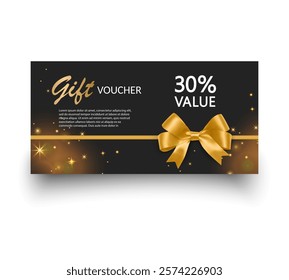 Gift voucher template with Gold realistic ribbon. Vector illustration. Design for invitation, certificate, gift coupon, ticket or voucher