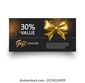 Gift voucher template with Gold realistic ribbon. Vector illustration. Design for invitation, certificate, gift coupon, ticket or voucher