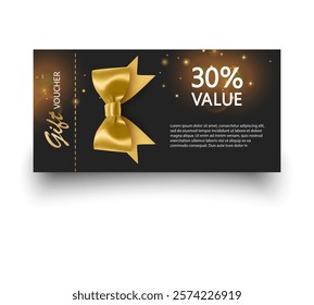 Gift voucher template with Gold realistic ribbon. Vector illustration. Design for invitation, certificate, gift coupon, ticket or voucher