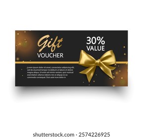 Gift voucher template with Gold realistic ribbon. Vector illustration. Design for invitation, certificate, gift coupon, ticket or voucher