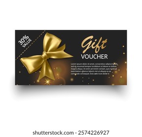 Gift voucher template with Gold realistic ribbon. Vector illustration. Design for invitation, certificate, gift coupon, ticket or voucher