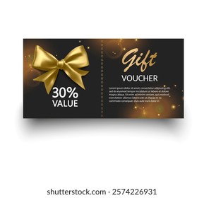 Gift voucher template with Gold realistic ribbon. Vector illustration. Design for invitation, certificate, gift coupon, ticket or voucher