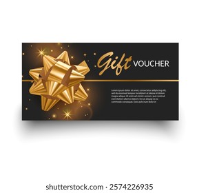 Gift voucher template with Gold realistic ribbon. Vector illustration. Design for invitation, certificate, gift coupon, ticket or voucher
