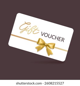 Gift voucher template with Gold realistic ribbon. Vector illustration. Design for invitation, certificate, gift coupon, ticket or voucher