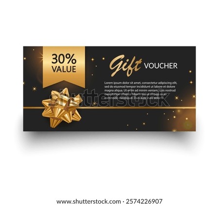 Gift voucher template with Gold realistic ribbon. Vector illustration. Design for invitation, certificate, gift coupon, ticket or voucher
