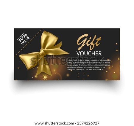 Gift voucher template with Gold realistic ribbon. Vector illustration. Design for invitation, certificate, gift coupon, ticket or voucher