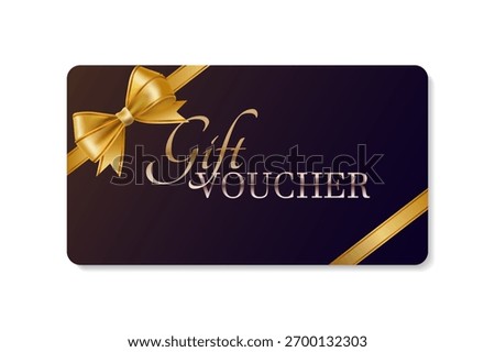 A gift voucher template with a gold realistic ribbon. Design an invitation, certificate, gift coupon, ticket or voucher. Vector illustration.