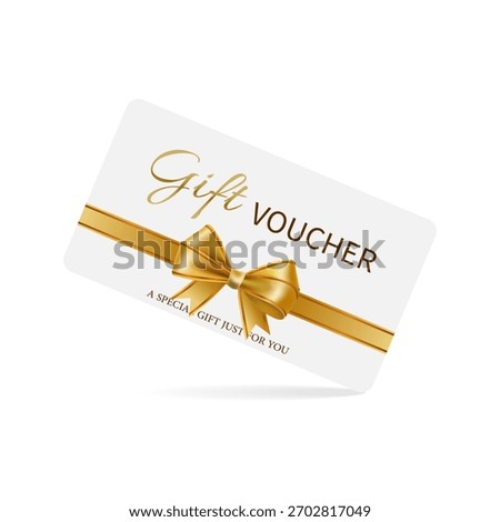 A gift voucher template with a gold realistic ribbon.  Design an invitation, certificate, gift coupon, ticket or voucher. Vector illustration.