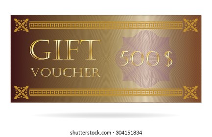 Gift voucher template with golden border. Design elements for gift coupon, invitation, certificate, diploma, ticket. Vector illustration.
