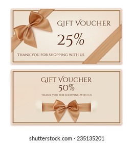 Gift Voucher Template With Golden Ribbon And A Bow. Vector Illustration