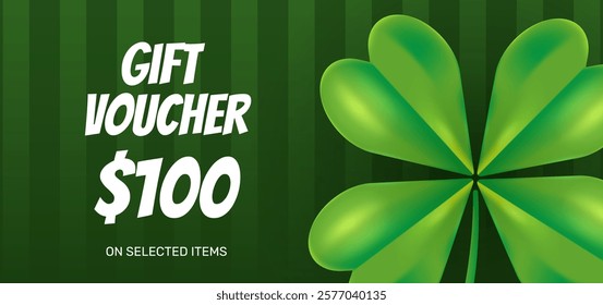 Gift voucher template with green quatrefoil. Design of card, coupon, certificate, ticket, discount. Happy Saint Patricks Day. Vector illustration for lifestyle, shopping, events, fashion