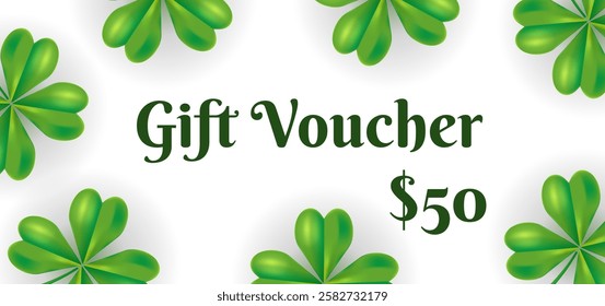 Gift voucher template with green quatrefoil on white background. Design of card, coupon, certificate, ticket, discount. Saint Patricks Day. Vector illustration concept