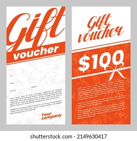 Gift voucher template with hand drawn background and text. Design concept for gift coupon, invitation, certificate, flyer, ticket. Stock vector illustration.