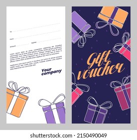 Geschenkgutschein-Vorlage mit handgezeichneten Geschenkbox und Text. Design Konzept für Geschenkgutschein, Einladung, Zertifikat, Flyer, Ticket. Stock-Vektorgrafik.