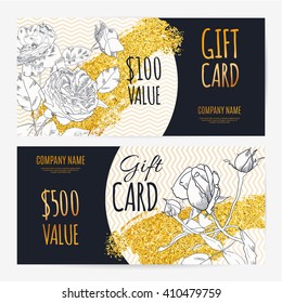 Gift voucher template with hand drawn flowers and golden glitter.Vector Abstract background. Concept for boutique, jewelry, floral shop, beauty salon, fashion, flyer, banner design.