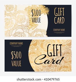 Gift voucher template with hand drawn flowers and golden glitter.Vector Abstract background. Concept for boutique, jewelry, floral shop, beauty salon, fashion, flyer, banner design.