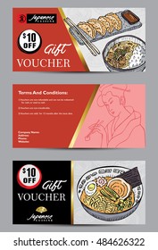 Plantilla de bono de regalo con comida japonesa hecha a mano. Ilustración vectorial. Antecedentes abstractos.