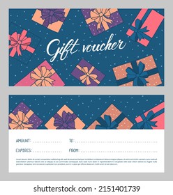 Geschenkgutscheine mit handgezeichneten Geschenkschachteln mit Bugbändern. Design Konzept für Geschenkgutschein, Einladung, Zertifikat, Flyer, Ticket. Stock-Vektorgrafik.