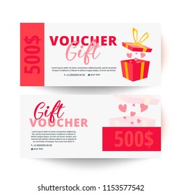 Gift voucher template with hearts and a gift box. 500 dollars 